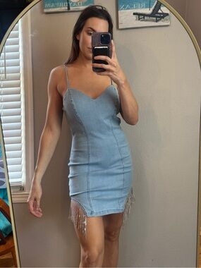 Light Blue Denim Mini Dress with Beaded Fringe